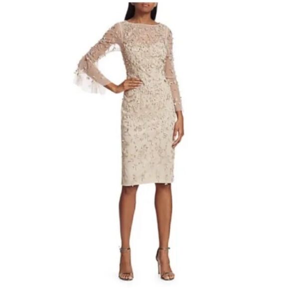 THEIA Hand-Beaded & Petal Applique 3/4 Bell-Sleeve Dress Women’s SIZE 4 - Picture 1 of 14